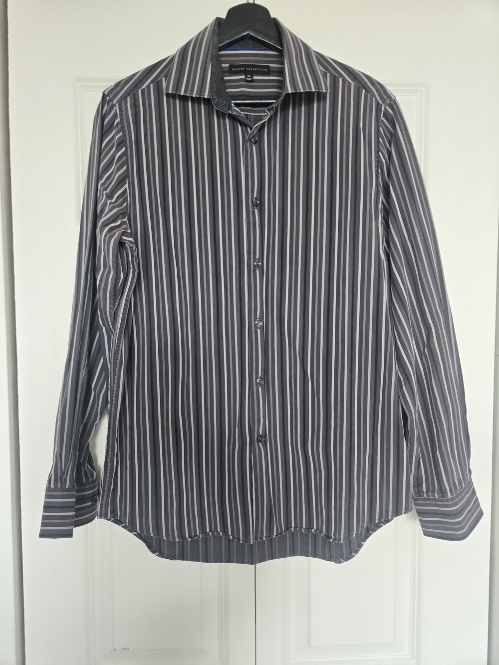 Report Collection Men's Vertical Stripe Dress Shirt in Black and Gray